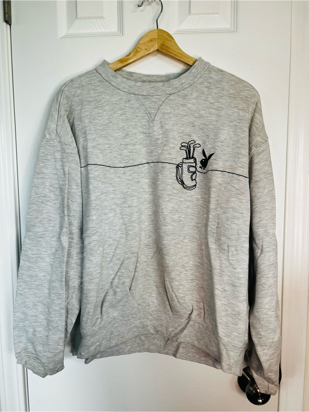 PLAYBOY Heather Gray Crewneck Sweatshirt with Black Golf Bag Logo